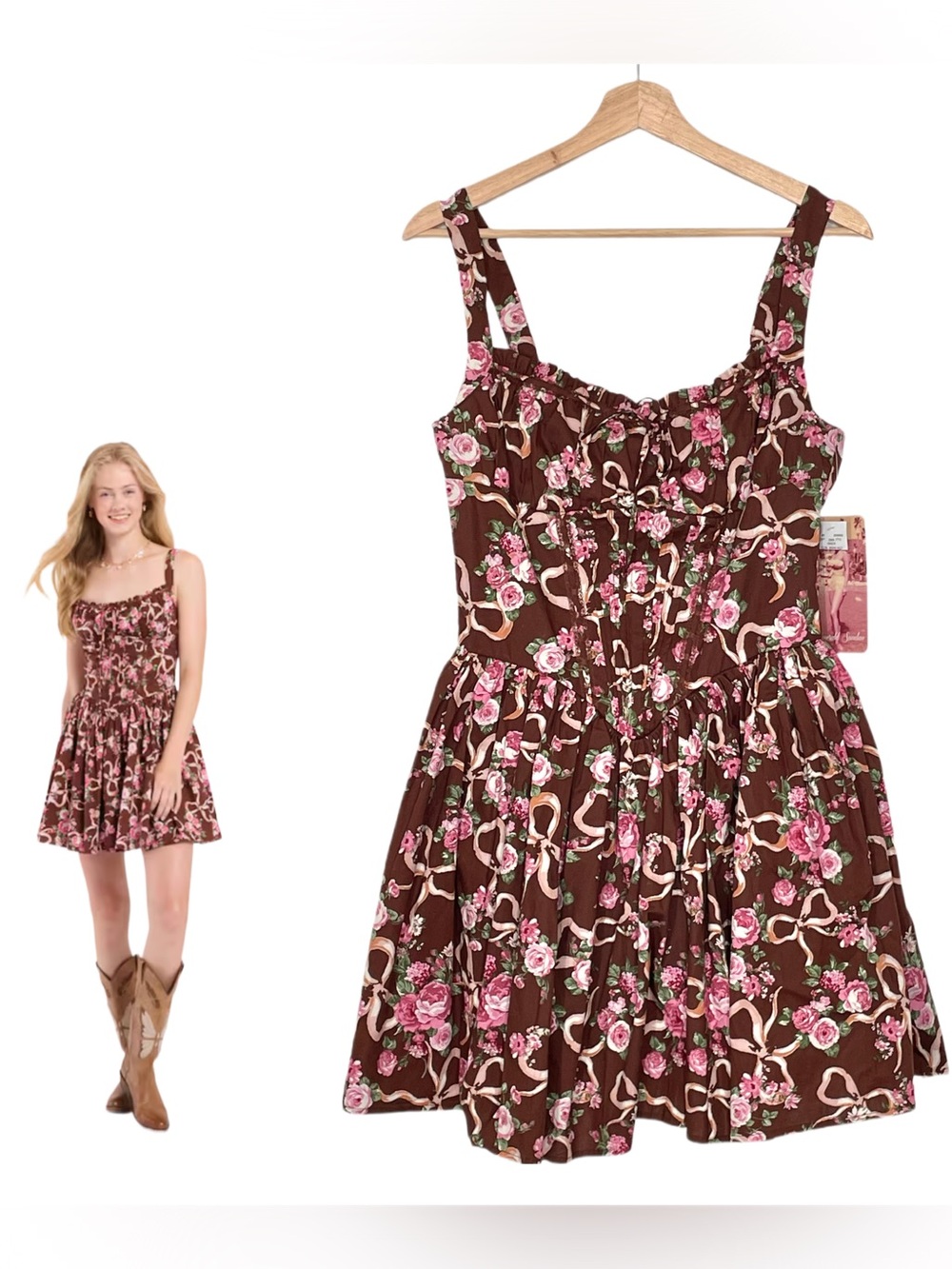 Emerald Sundae x Dry Goods Sleeveless Corset Bodice Floral Bow Dress Large NWT
